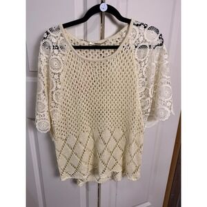 LA Coalition Cream Open Knit Crochet Lace Sleeve Sweater Top Medium NWT